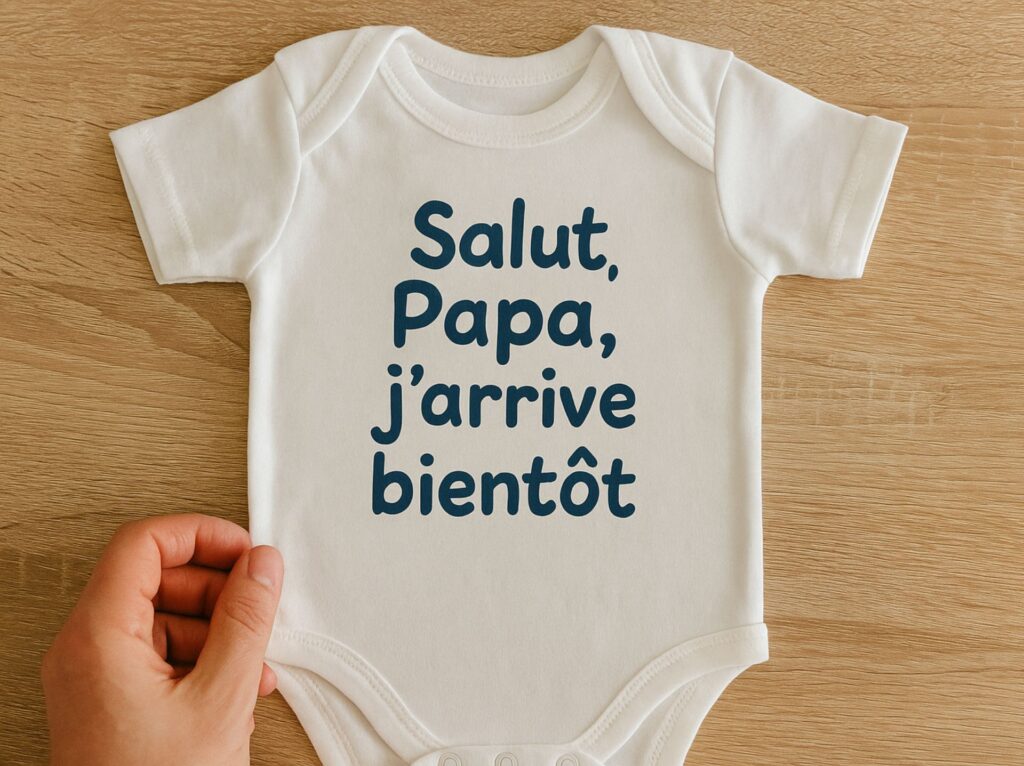 Idée annonce grossesse body personalise pour annoncer sa grossesse avec la mention "salut papa j'arrive bientôt"
