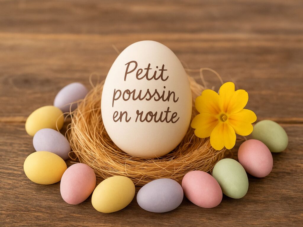 Idée annonce grossesse œuf surprise pour annoncer sa grossesse avec mention " petit poussin en route "