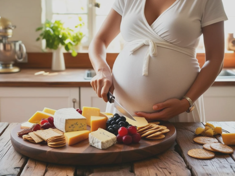 femme enceinte découpant le fromage
