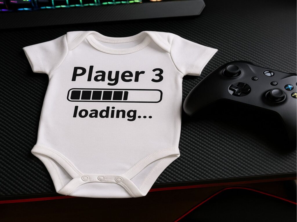 Annoncer grossesse au papa avec un Body avec inscription gaming posé à côté d’une manette de jeu.