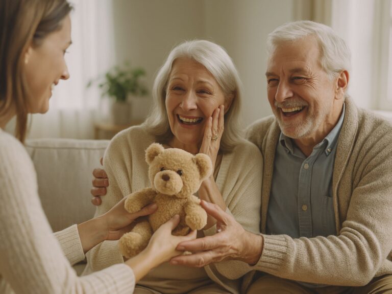 Femme offrant un ourson en peluche à un couple de grands-parents émus et joyeux, dans un salon chaleureux baigné de lumière naturelle