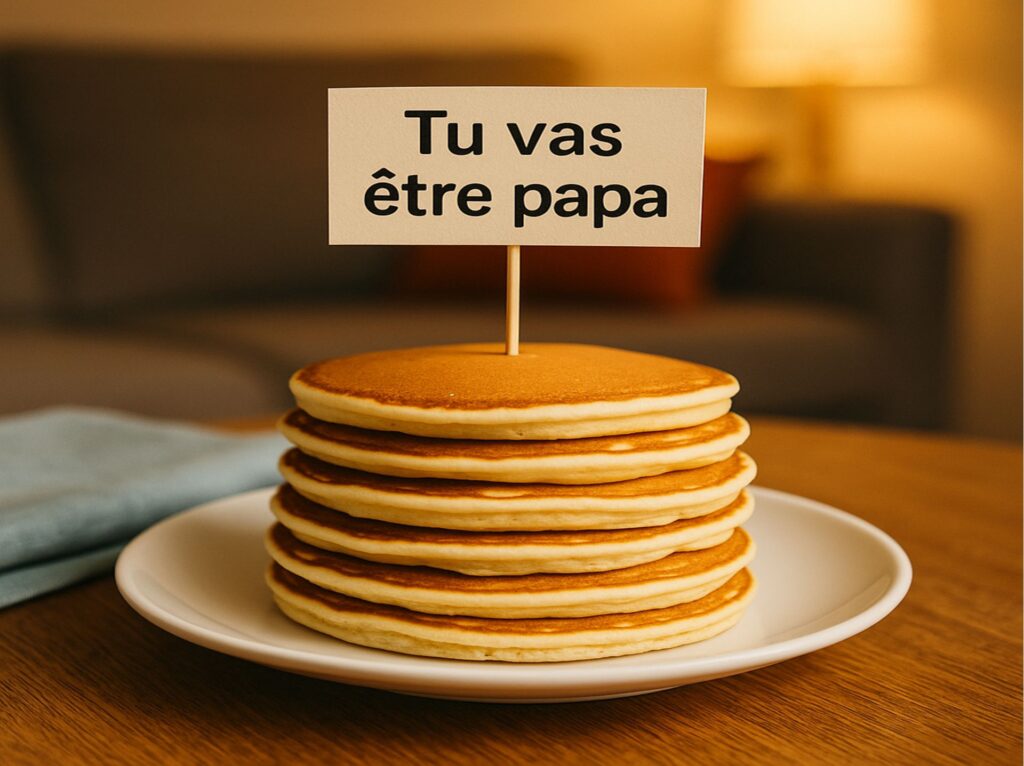 Annoncer grossesse au papa avec des pancakes avec petit message "Tu vas être papa"