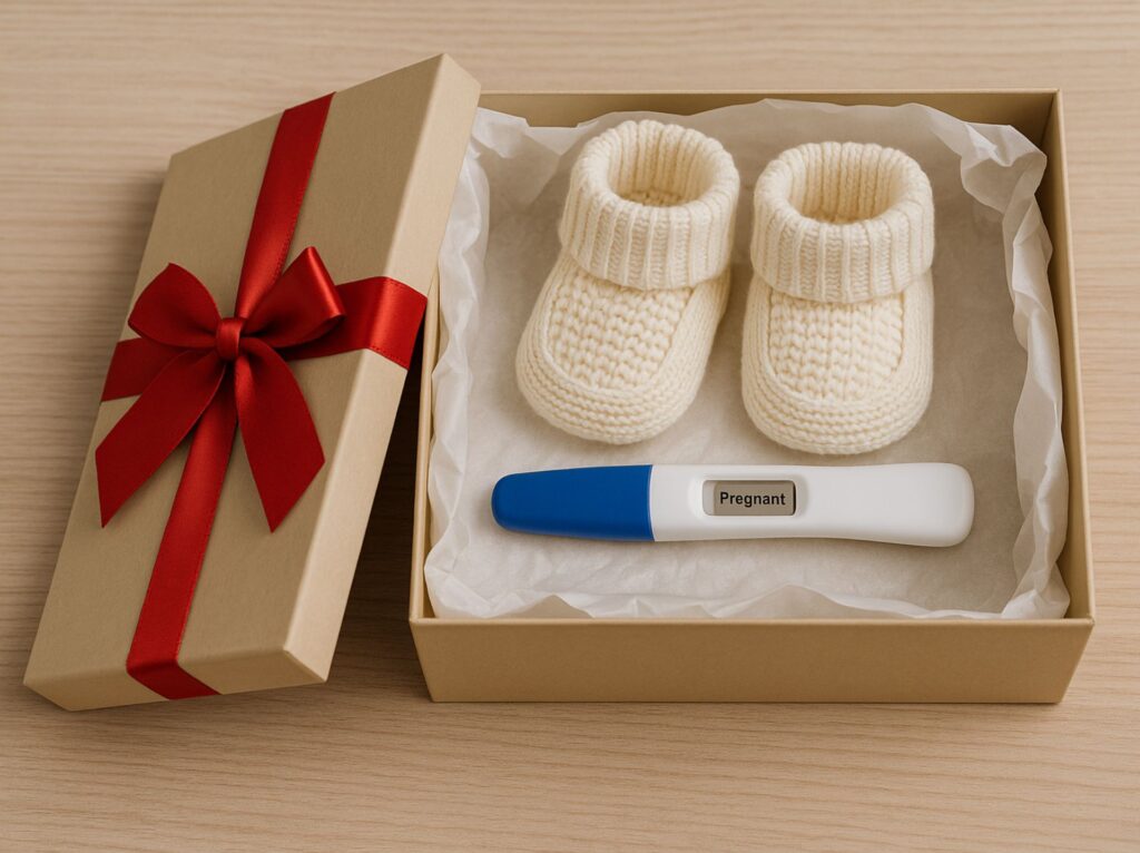 Annoncer grossesse au papa avec une Boîte cadeau ouverte avec chaussons et test de grossesse à l’intérieur.