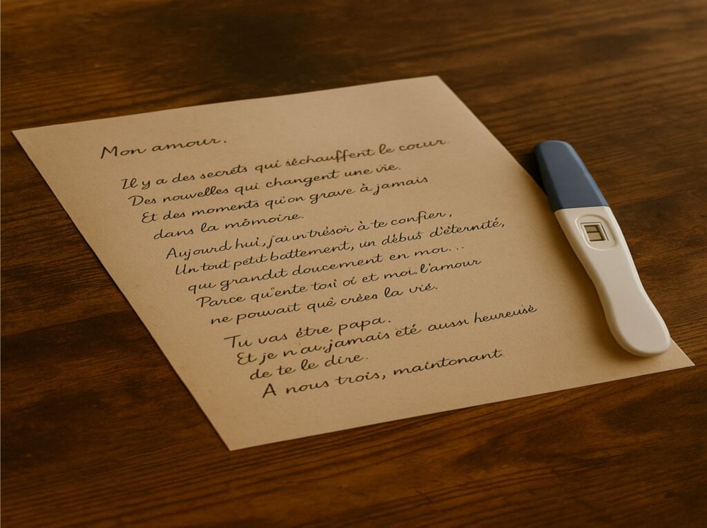 Annoncer grossesse au papa avec une Lettre manuscrite et un test de grossesse.