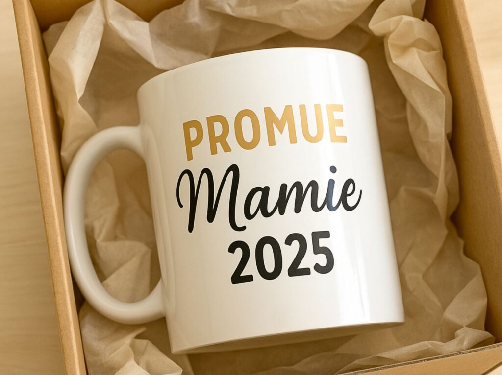 Annoncer grossesse aux grands parents avec un mug personnalisé “Promue mamie 2025”