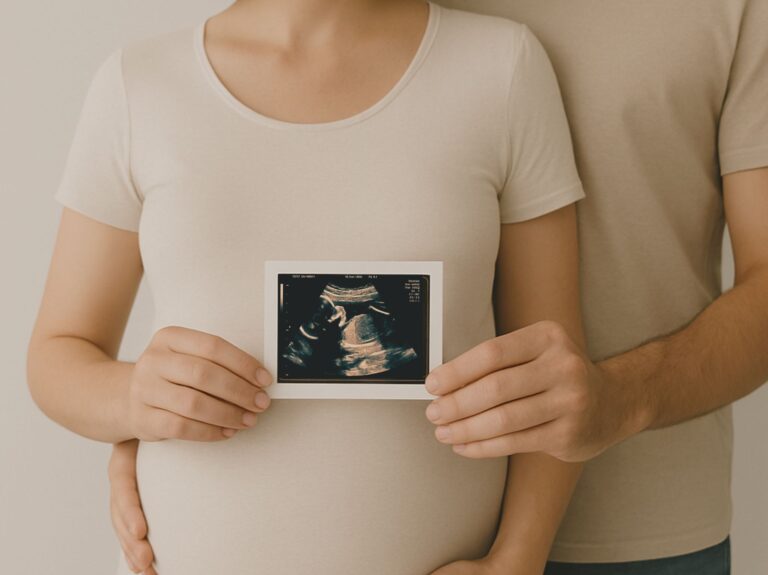 Couple français tenant tendrement une échographie, mettant en valeur le ventre arrondi de la femme enceinte dans une lumière douce