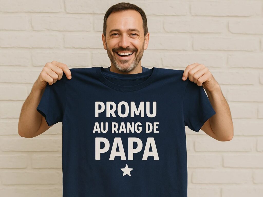 Annoncer grossesse au papa avec un t-shirt avec un message humoristique "Promu au rang de papa"